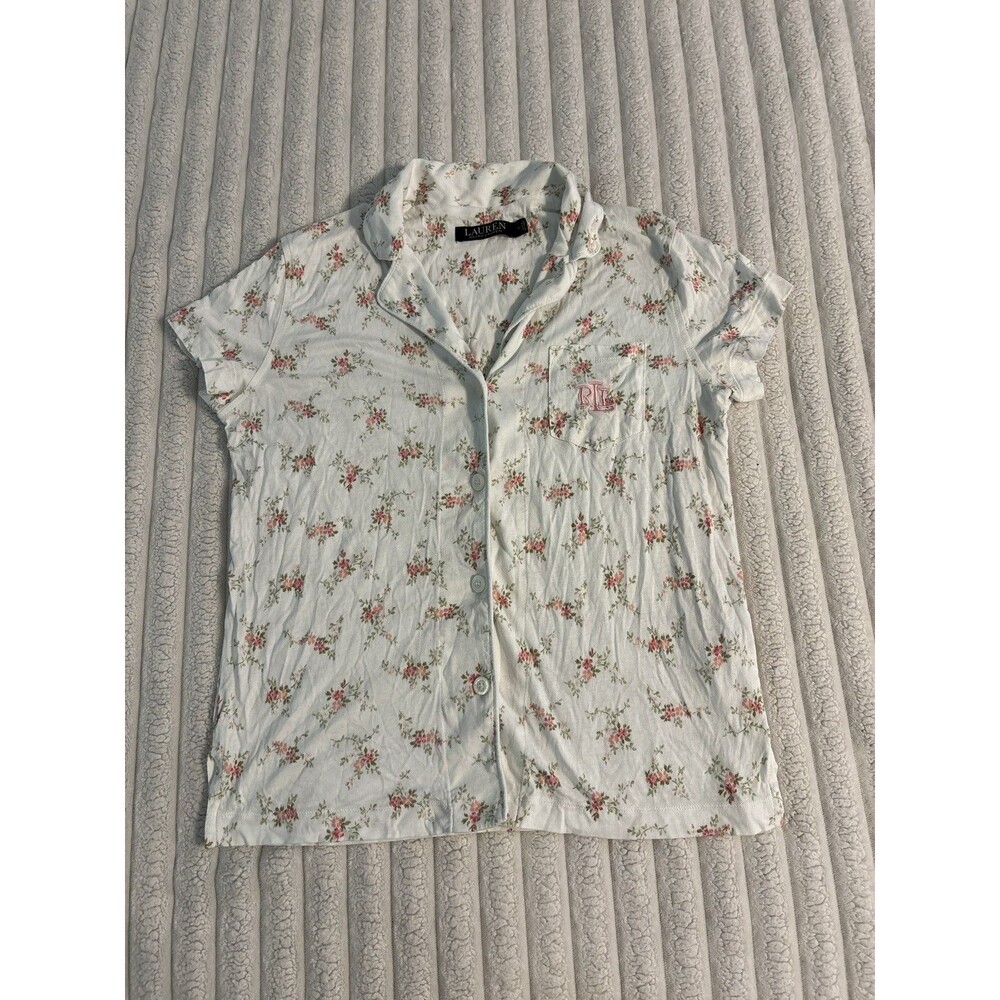 Lauren Ralph Lauren Button Up Pajama Top Womens small white pink floral grandma